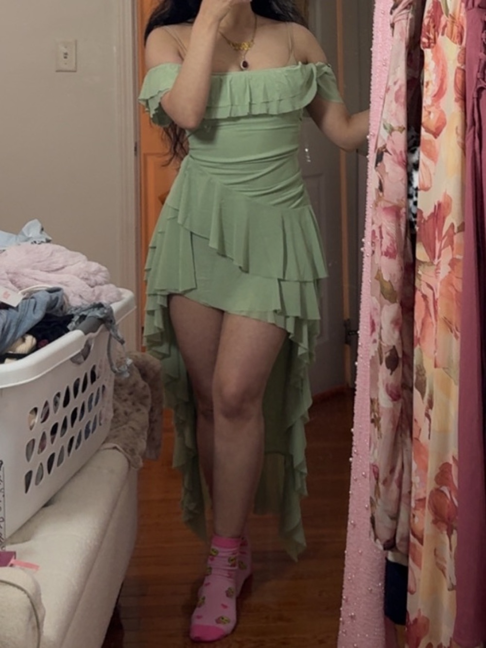 Off-Shoulder Mint Green Ruffled High-Low Dress - Picture 4 of 4
